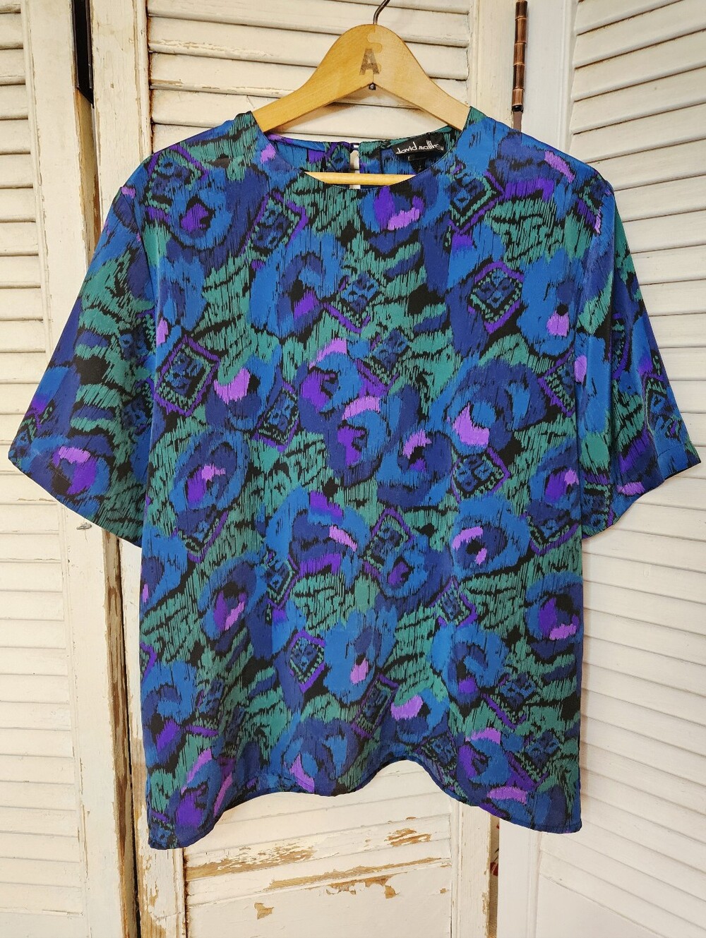 Vintage 80s David Matthew Sketch Print Short Sleeve Shell Blouse Large